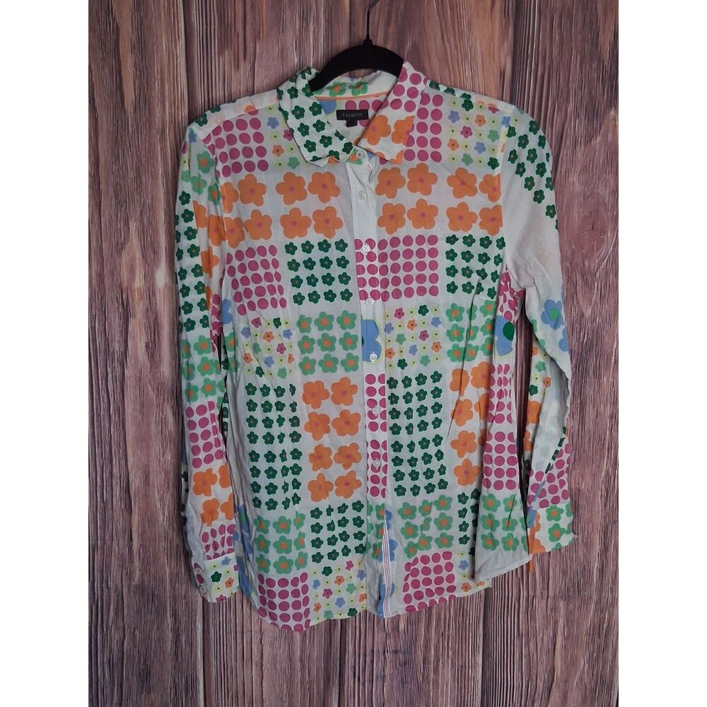Talbots button down retro floral style long sleeve blouse size medium